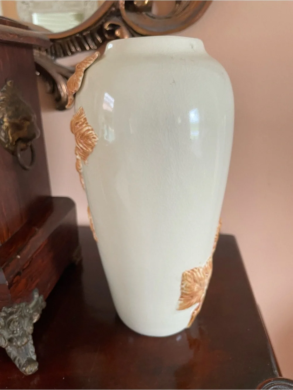Vintage Fitz and Floyd White Ceramic Vase with Winding Gold Leaf Relief  10 1/2”